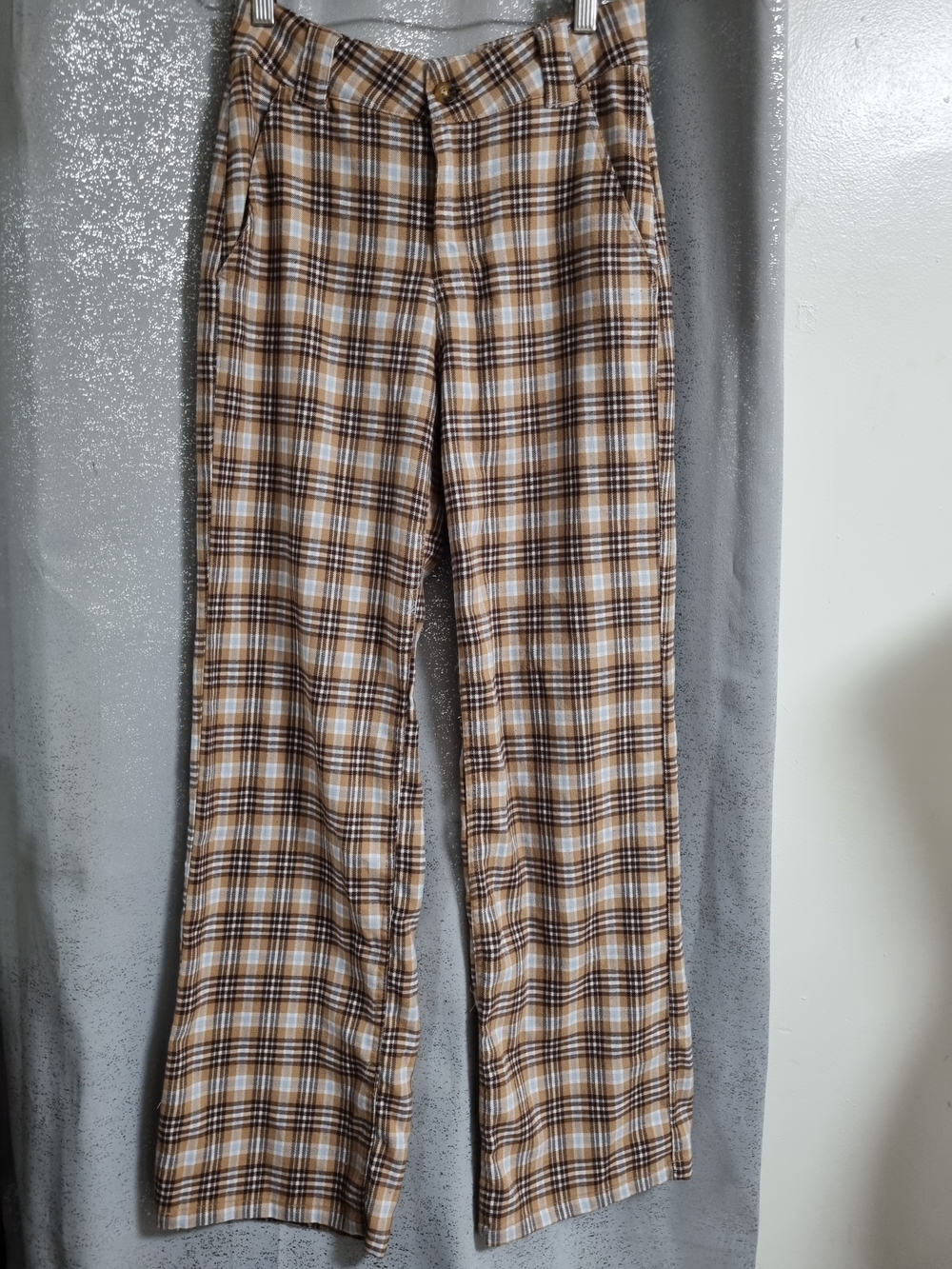 Hollister High Rise Baggy Plaid Pants Brown Wide Leg Trouser W24 Size 0R
